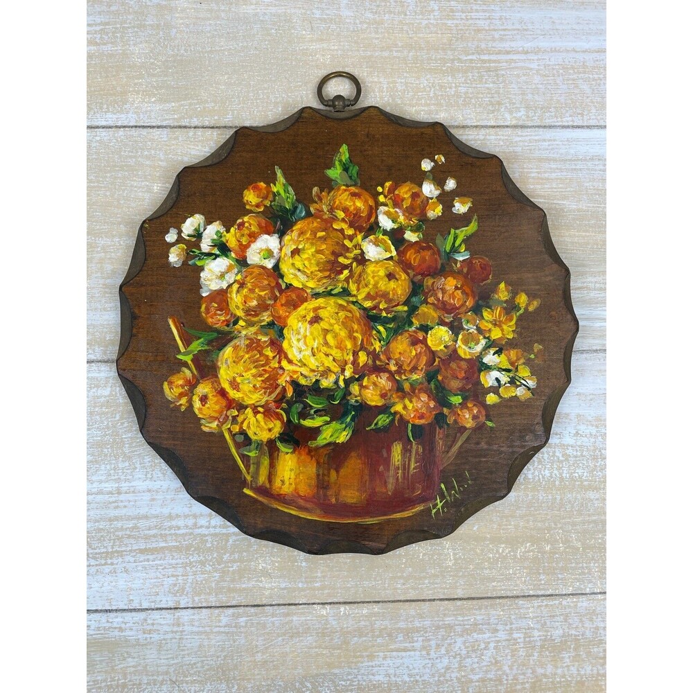 Vintage 70’s Hand Painted Floral Round Wall Plaque Floral Artist Signed H. Wood